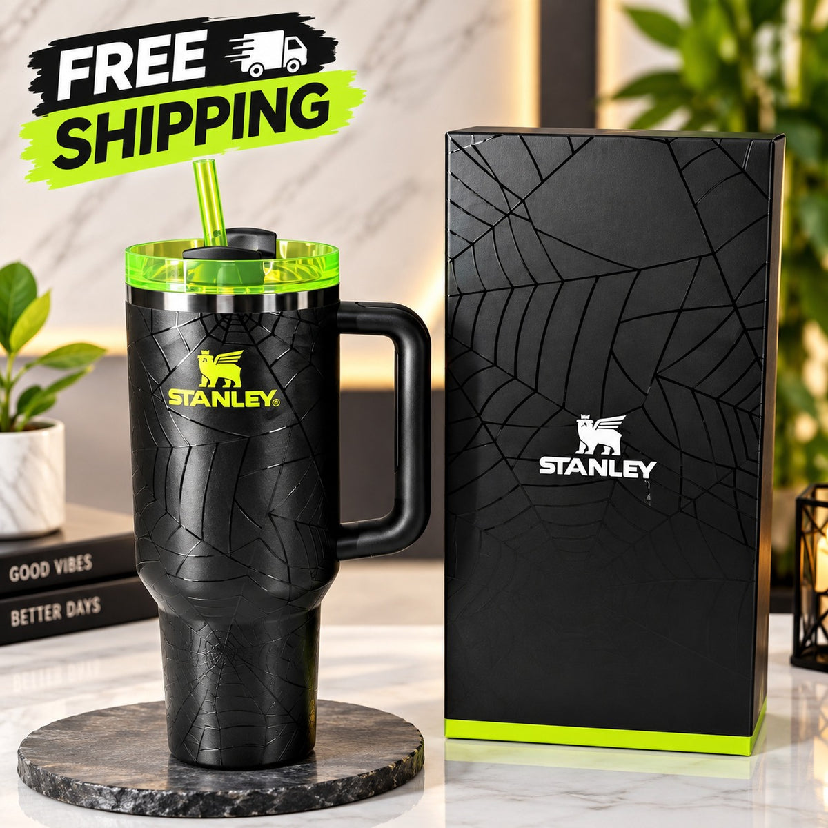 Black spider web insulated travel tumbler with handle, green straw, lid and gift box
