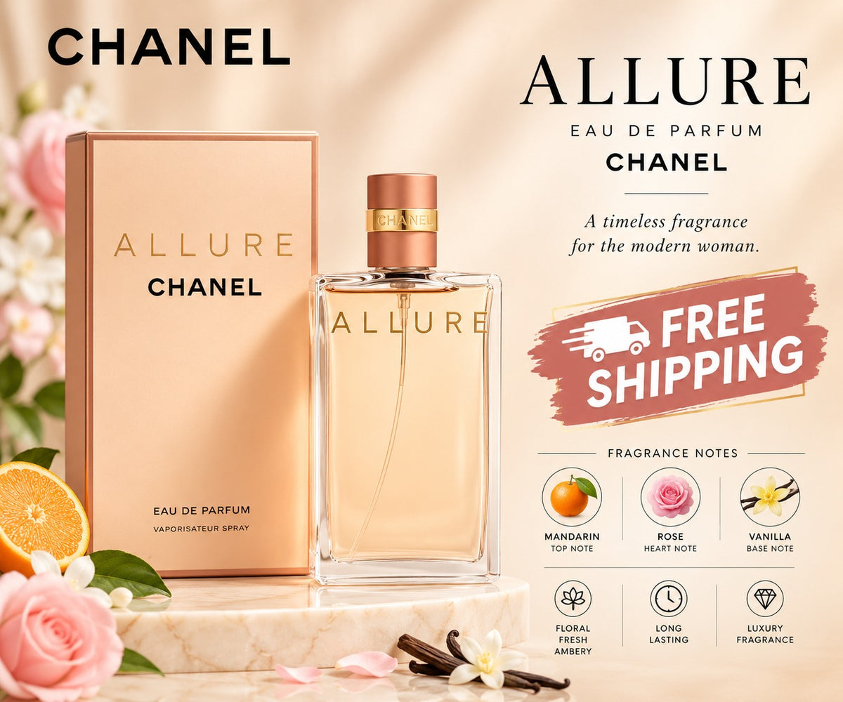 CHANEL ALLURE Eau de Parfum bottle and peach fragrance box