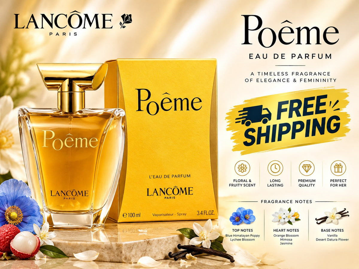Lancôme Poême Eau de Parfum 100ml perfume bottle and gold box