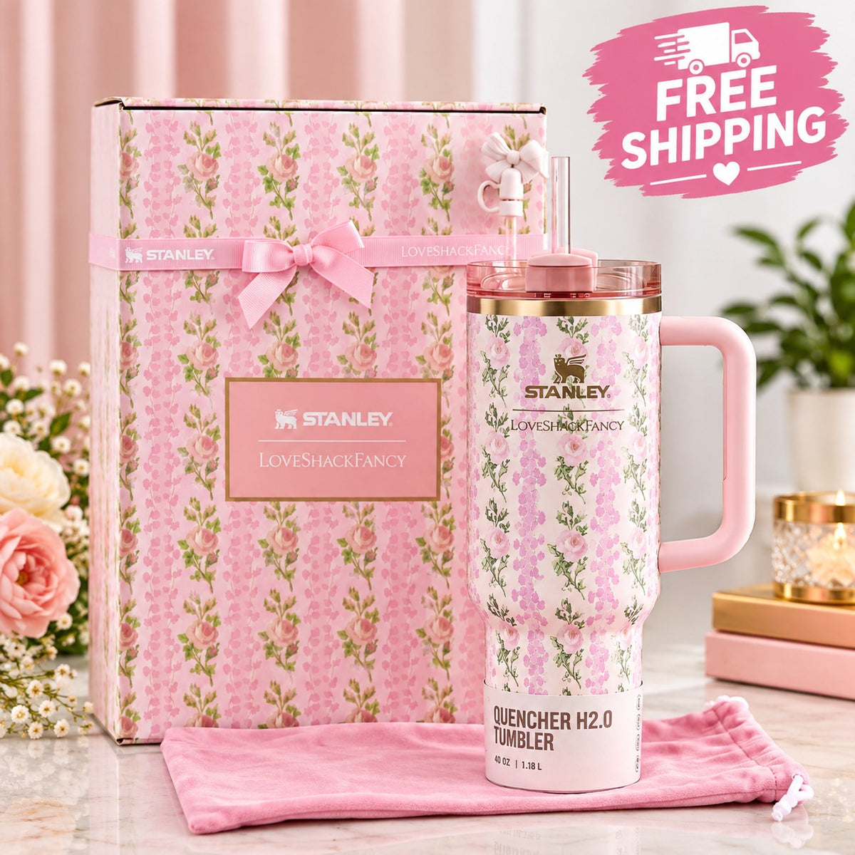 40 oz pink floral rose tumbler with handle, reusable straw, lid and matching gift box