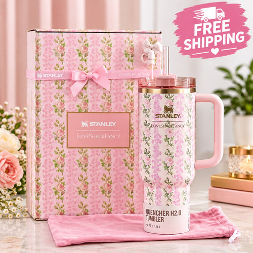 40 oz pink floral rose tumbler with handle, reusable straw, lid and matching gift box
