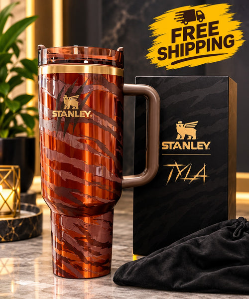 Stanley tiger print metallic copper insulated travel tumbler with handle and gift box