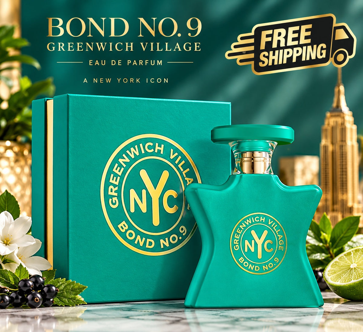 Bond No. 9 Greenwich Village Eau de Parfum bottle and matching box in a teal color with gold lettering, styled on a marble surface with green leaves, a lime, and a New York City skyline backdrop.